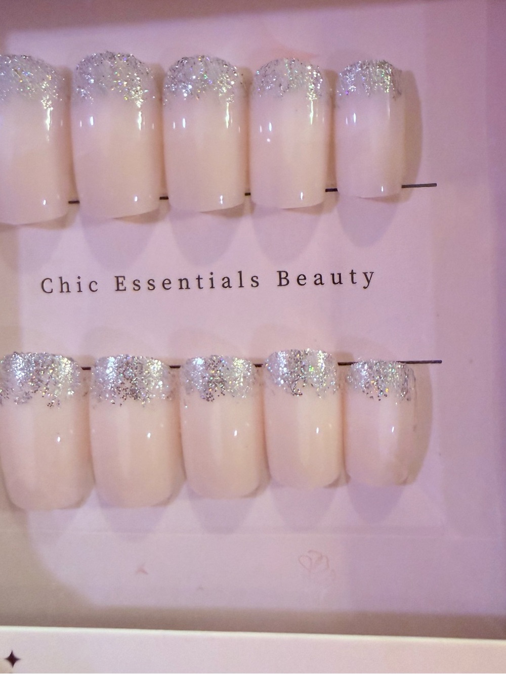 Chic Essentials Beauty Nude Press-On Nails with Silver Glitter Tips